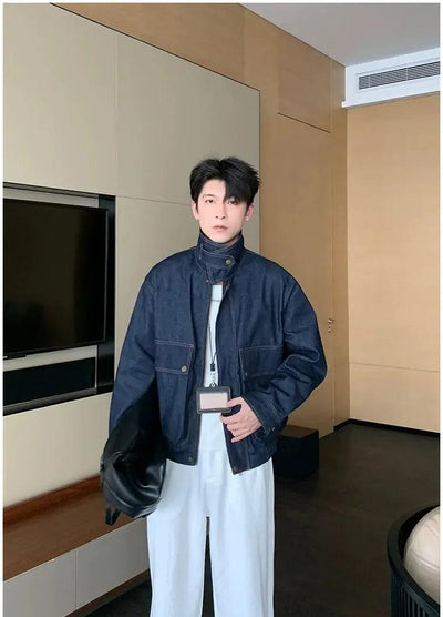Hua Strapped Stand Up Collar Denim Jacket-korean-fashion-Jacket-Hua's Closet-OH Garments