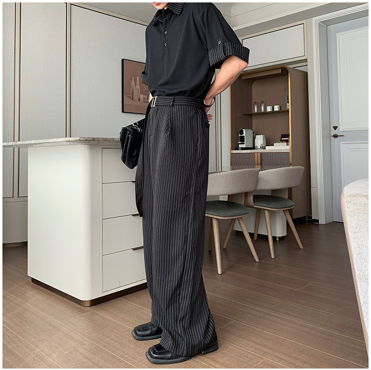 Hua Stripes Panel Knit Polo & Buckled Strap Pants Set-korean-fashion-Clothing Set-Hua's Closet-OH Garments