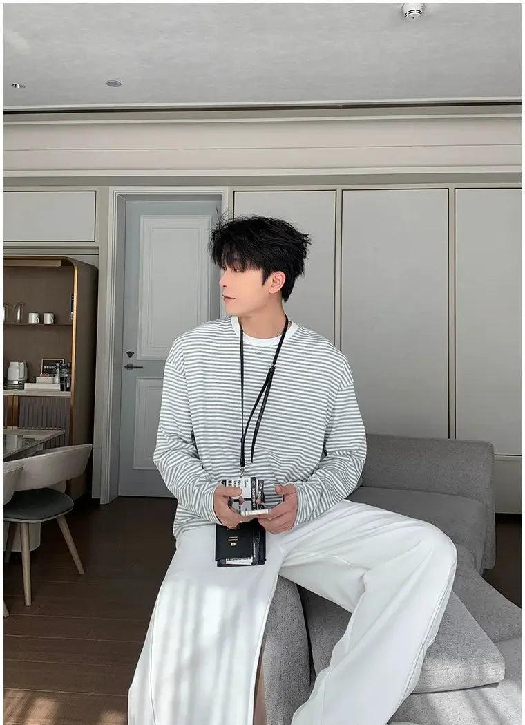 Hua Stripes Regular Fit L/S T-Shirt-korean-fashion-T-Shirt-Hua's Closet-OH Garments
