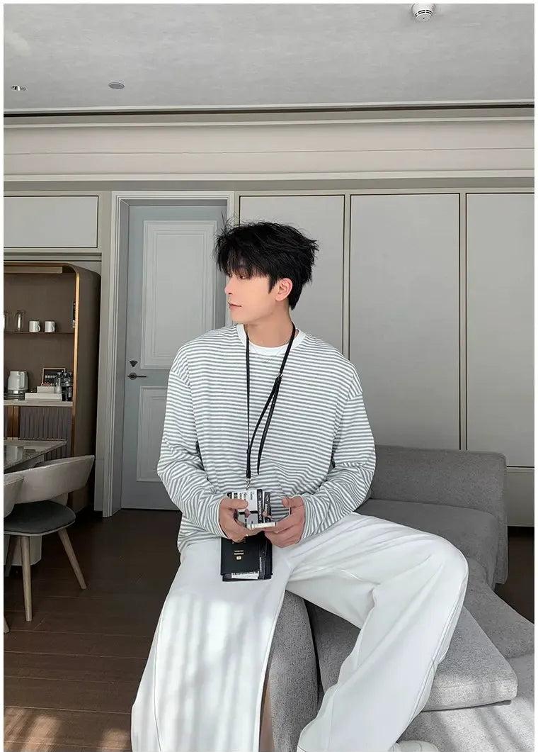 Hua Stripes Regular Fit L/S T-Shirt-korean-fashion-T-Shirt-Hua's Closet-OH Garments