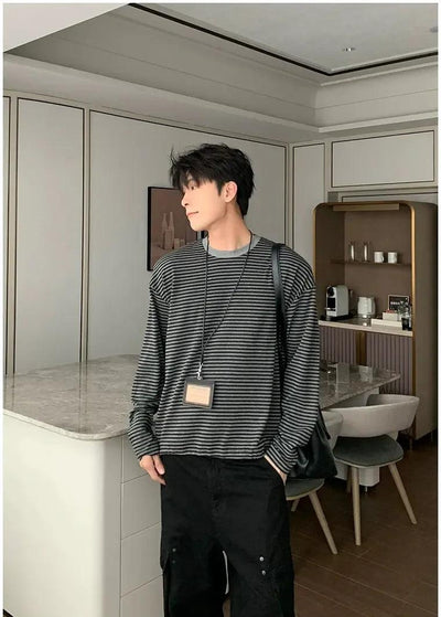 Hua Stripes Regular Fit L/S T-Shirt-korean-fashion-T-Shirt-Hua's Closet-OH Garments
