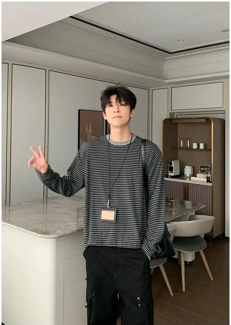 Hua Stripes Regular Fit L/S T-Shirt-korean-fashion-T-Shirt-Hua's Closet-OH Garments