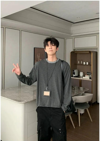 Hua Stripes Regular Fit L/S T-Shirt-korean-fashion-T-Shirt-Hua's Closet-OH Garments