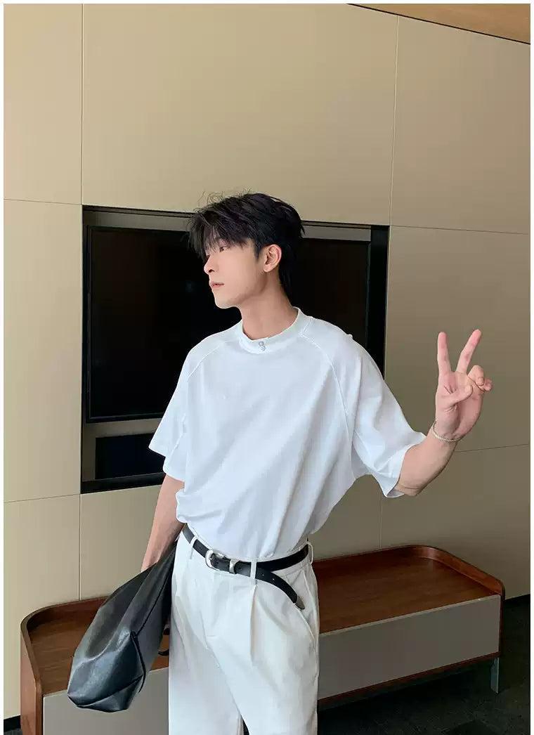 Hua Structured Buttoned Mockneck T-Shirt-korean-fashion-T-Shirt-Hua's Closet-OH Garments