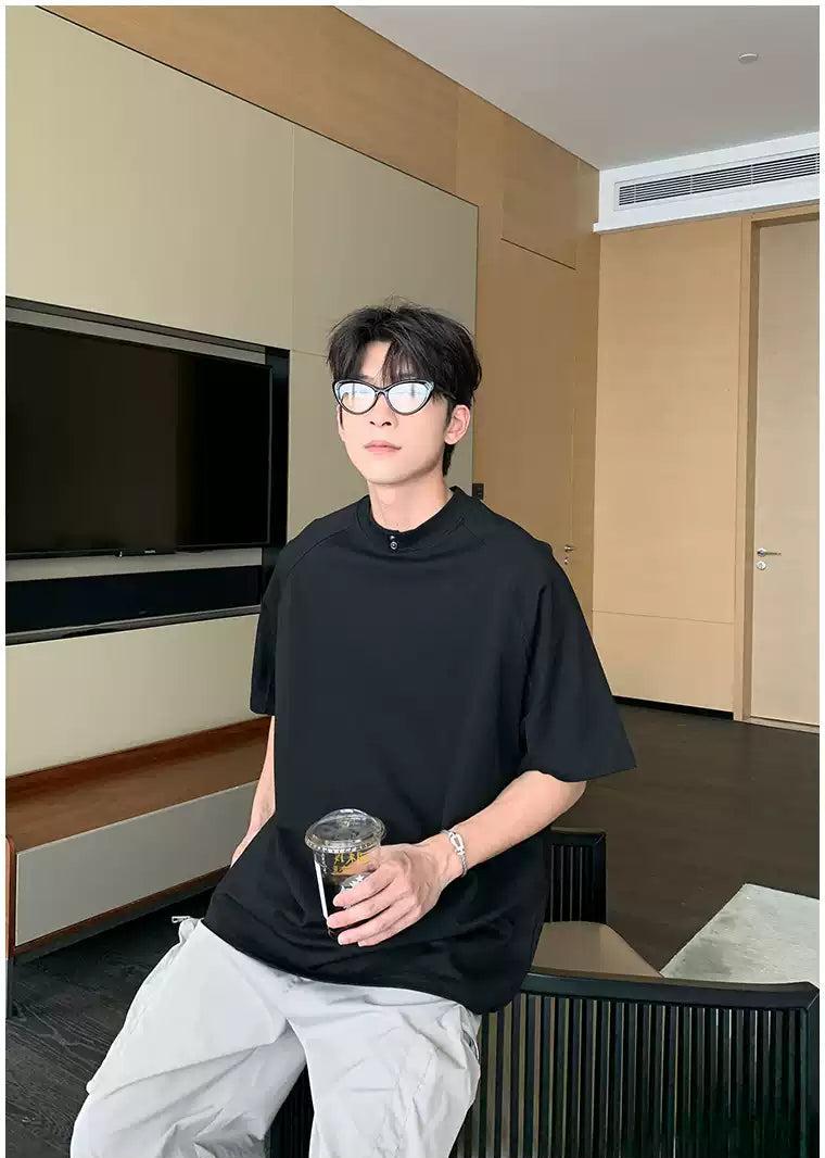 Hua Structured Buttoned Mockneck T-Shirt-korean-fashion-T-Shirt-Hua's Closet-OH Garments
