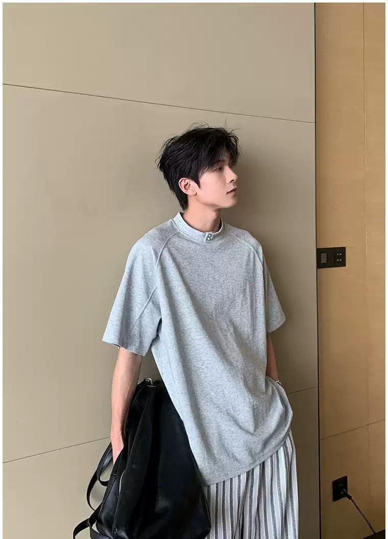 Hua Structured Buttoned Mockneck T-Shirt-korean-fashion-T-Shirt-Hua's Closet-OH Garments
