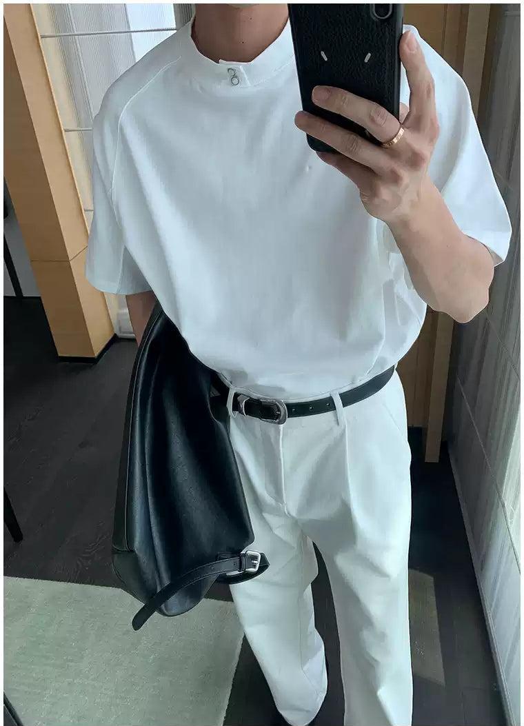 Hua Structured Buttoned Mockneck T-Shirt-korean-fashion-T-Shirt-Hua's Closet-OH Garments