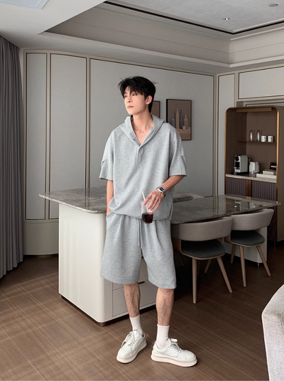 Hua Structured Mid-Length Sleeve Hoodie & Drawstring Shorts Set-korean-fashion-Clothing Set-Hua's Closet-OH Garments