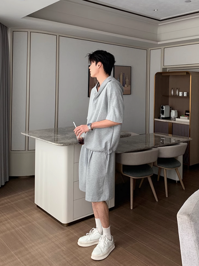 Hua Structured Mid-Length Sleeve Hoodie & Drawstring Shorts Set-korean-fashion-Clothing Set-Hua's Closet-OH Garments