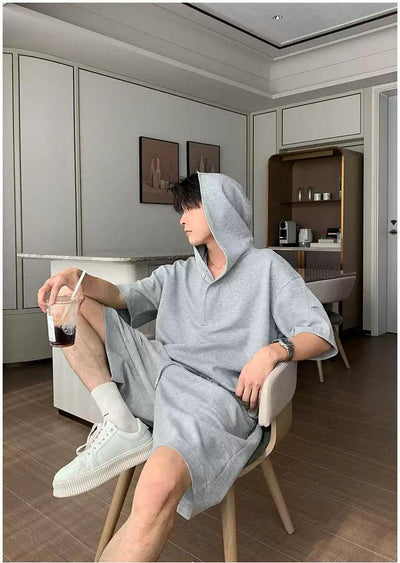 Hua Structured Mid-Length Sleeve Hoodie & Drawstring Shorts Set-korean-fashion-Clothing Set-Hua's Closet-OH Garments