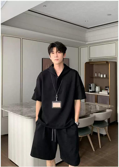 Hua Structured Mid-Length Sleeve Hoodie & Drawstring Shorts Set-korean-fashion-Clothing Set-Hua's Closet-OH Garments