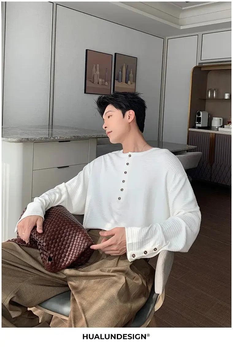 Hua Textured Henley Collar L/S T-Shirt-korean-fashion-T-Shirt-Hua's Closet-OH Garments