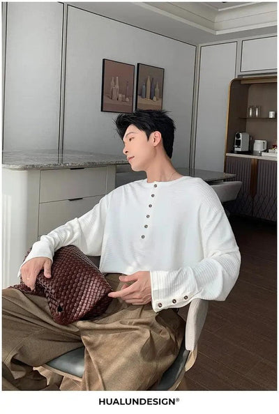 Hua Textured Henley Collar L/S T-Shirt-korean-fashion-T-Shirt-Hua's Closet-OH Garments