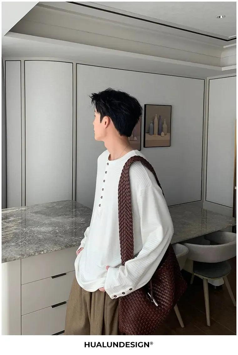 Hua Textured Henley Collar L/S T-Shirt-korean-fashion-T-Shirt-Hua's Closet-OH Garments
