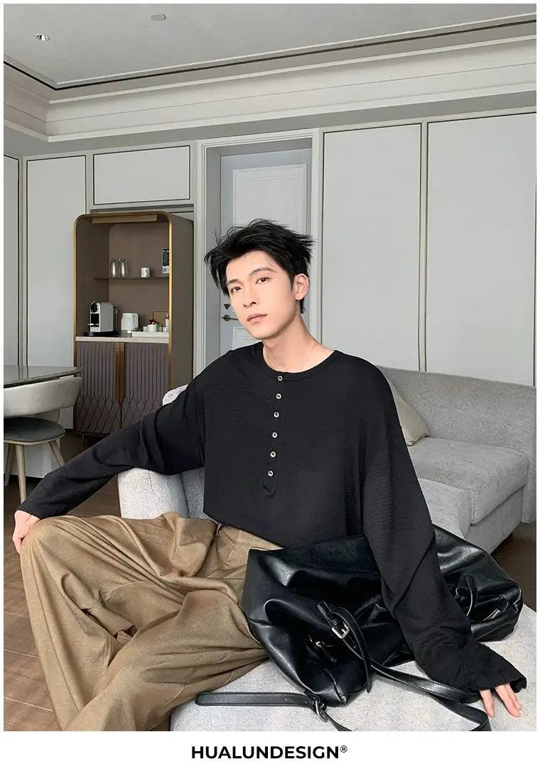 Hua Textured Henley Collar L/S T-Shirt-korean-fashion-T-Shirt-Hua's Closet-OH Garments