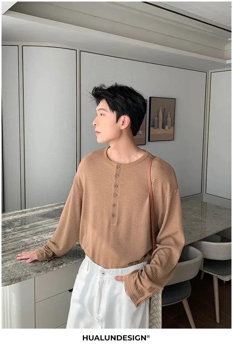 Hua Textured Henley Collar L/S T-Shirt-korean-fashion-T-Shirt-Hua's Closet-OH Garments