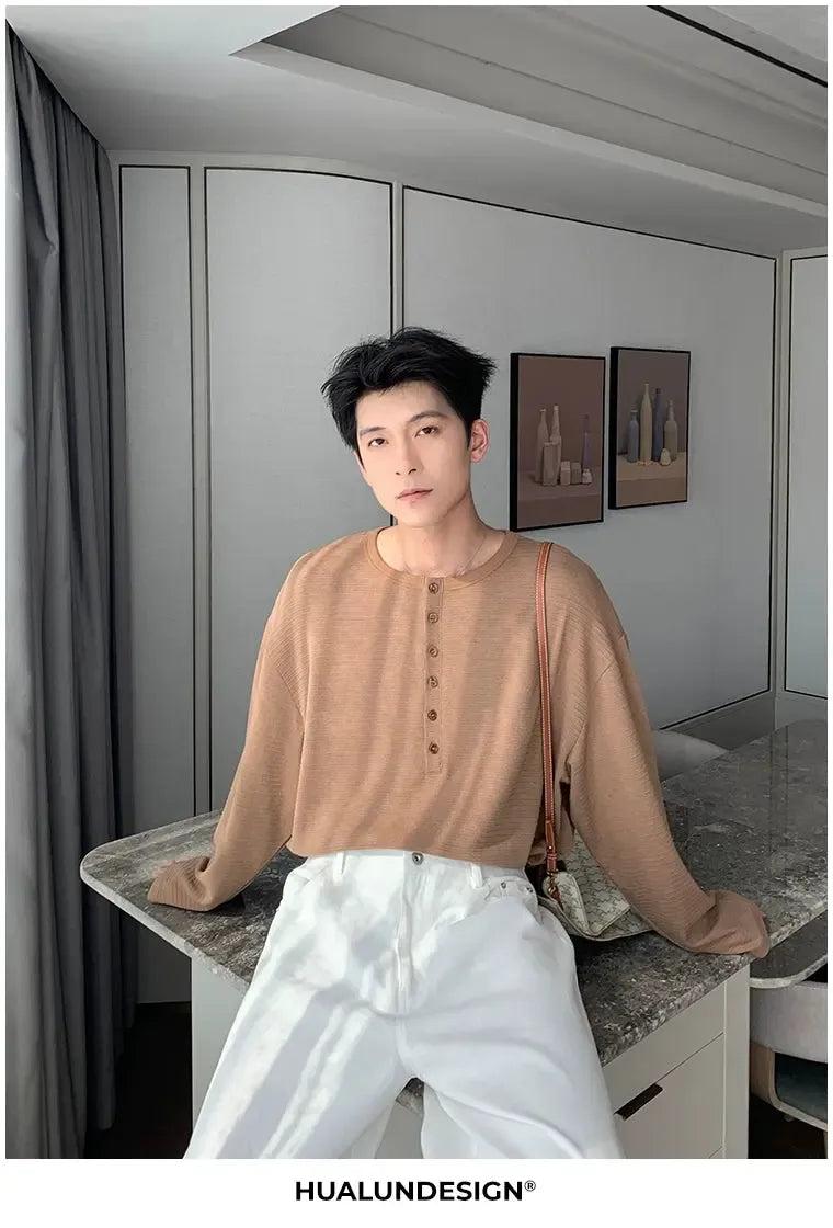 Hua Textured Henley Collar L/S T-Shirt-korean-fashion-T-Shirt-Hua's Closet-OH Garments