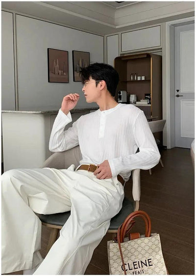 Hua Textured Henley Collar T-Shirt-korean-fashion-T-Shirt-Hua's Closet-OH Garments