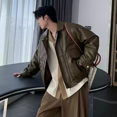 Hua Textured Lapel PU Leather Jacket-korean-fashion-Jacket-Hua's Closet-OH Garments