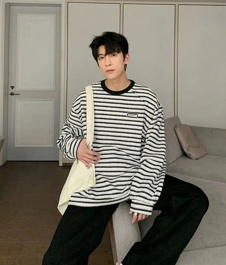 Hua Textured Stripes Long Sleeve T-Shirt-korean-fashion-T-Shirt-Hua's Closet-OH Garments