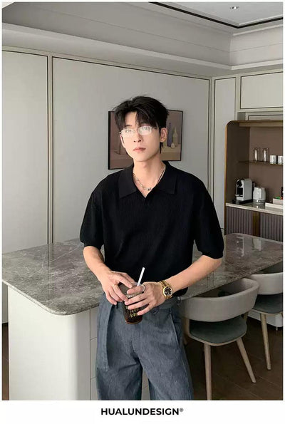 Hua Textured V-Neck Knit Polo-korean-fashion-Polo-Hua's Closet-OH Garments