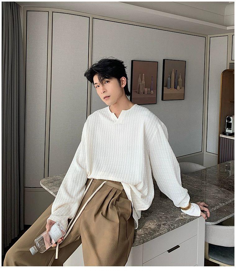 Hua Textured V-Neck Long Sleeve T-Shirt-korean-fashion-T-Shirt-Hua's Closet-OH Garments