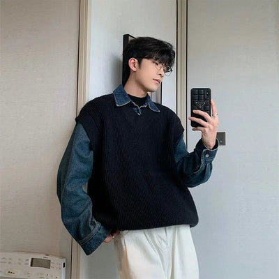 Hua Two-Layer Knit Vest & Denim Shirt-korean-fashion-Shirt-Hua's Closet-OH Garments