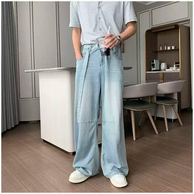 Hua Washed Buckled Belt Wide Jeans-korean-fashion-Jeans-Hua's Closet-OH Garments