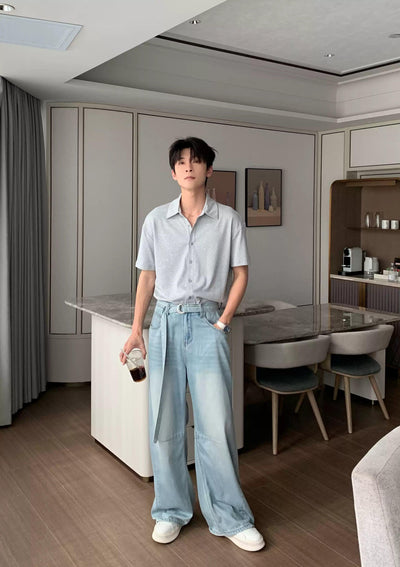 Hua Washed Buckled Belt Wide Jeans-korean-fashion-Jeans-Hua's Closet-OH Garments