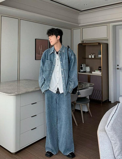 Hua Washed Denim Outer Shirt & Jeans Set-korean-fashion-Clothing Set-Hua's Closet-OH Garments