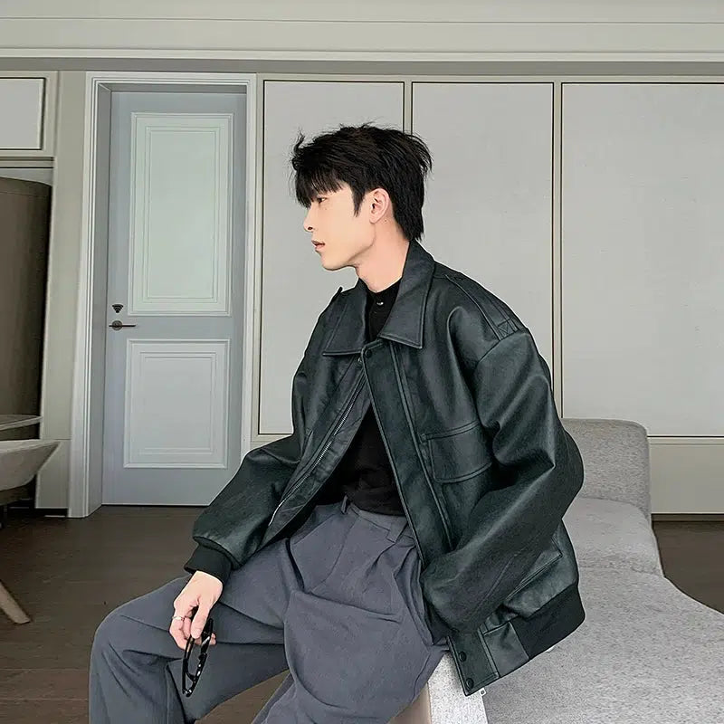Hua Wide Front Pocket Faux Leather Jacket-korean-fashion-Jacket-Hua's Closet-OH Garments