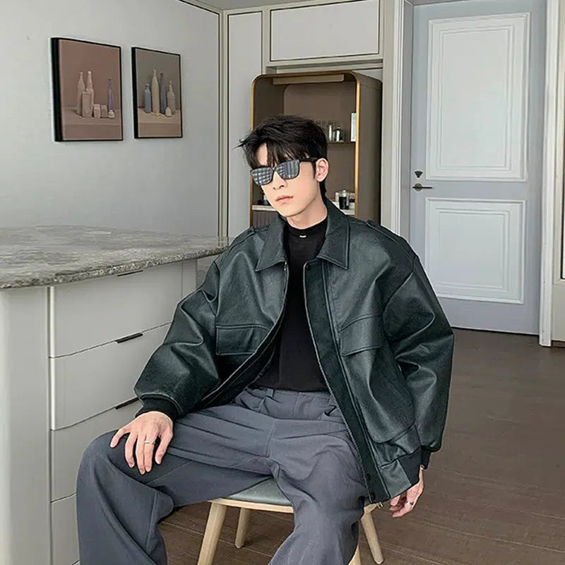 Hua Wide Front Pocket Faux Leather Jacket-korean-fashion-Jacket-Hua's Closet-OH Garments