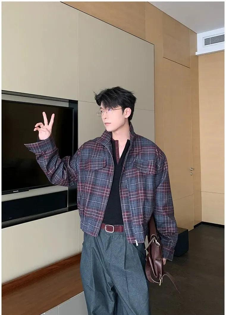 Hua Wide Shoulder Boxy Plaid Jacket-korean-fashion-Jacket-Hua's Closet-OH Garments