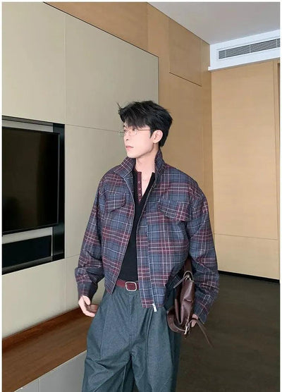 Hua Wide Shoulder Boxy Plaid Jacket-korean-fashion-Jacket-Hua's Closet-OH Garments