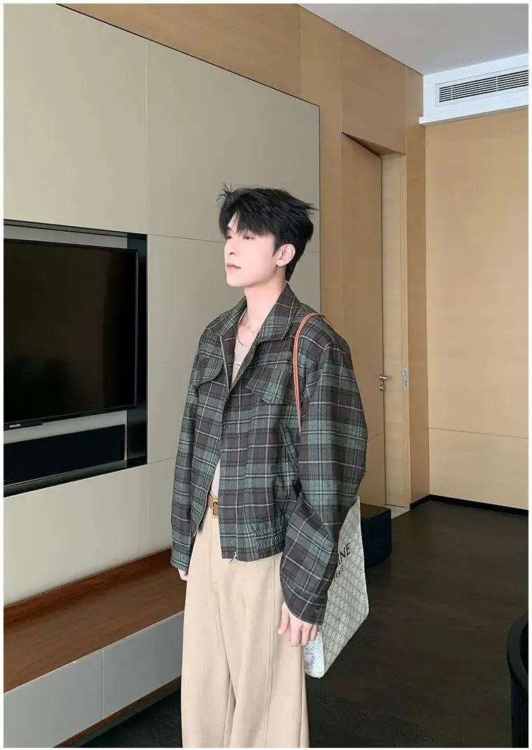 Hua Wide Shoulder Boxy Plaid Jacket-korean-fashion-Jacket-Hua's Closet-OH Garments