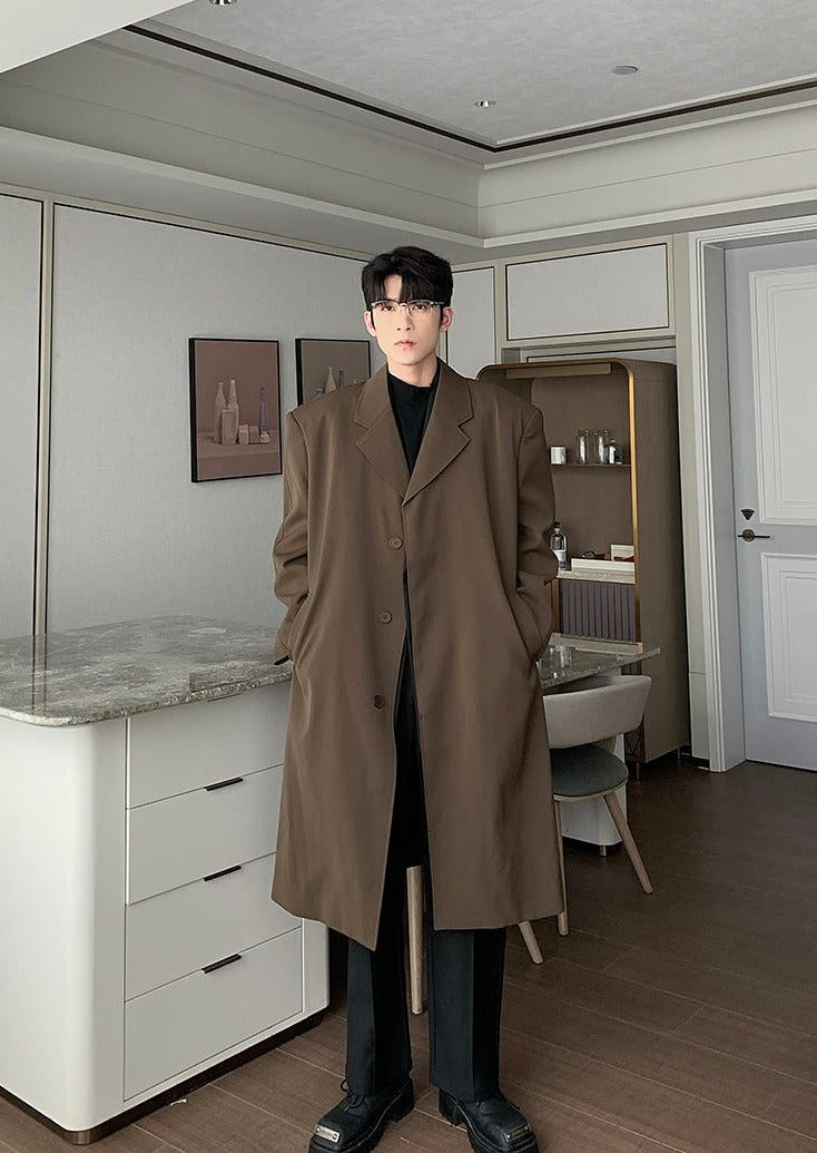 Hua Wide Shoulder Notch Lapel Long Coat-korean-fashion-Long Coat-Hua's Closet-OH Garments