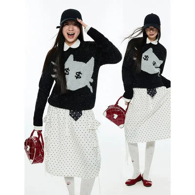 Jinn Fuzzy Cat Print Sweater-korean-fashion-Sweater-Jinn's Closet-OH Garments