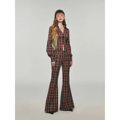 Jinn Vintage Plaid & Leopard Print Slim Flare Leg Pants-korean-fashion-Pants-Jinn's Closet-OH Garments