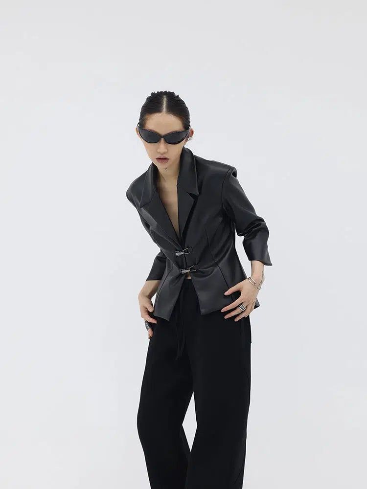 Kei Clasped Notch Lapel PU Leather Blazer-korean-fashion-Blazer-Kei's Closet-OH Garments