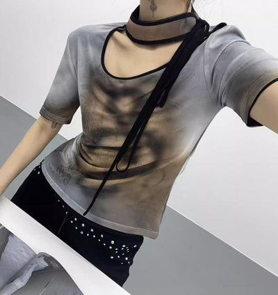 Kei Elastic Mesh With Chocker Reversible T-Shirt-korean-fashion-T-Shirt-Kei's Closet-OH Garments