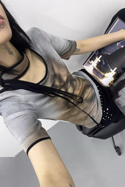 Kei Elastic Mesh With Chocker Reversible T-Shirt-korean-fashion-T-Shirt-Kei's Closet-OH Garments
