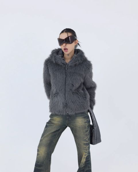 Kei Hooded and Zipped Faux Fur Jacket-korean-fashion-Jacket-Kei's Closet-OH Garments