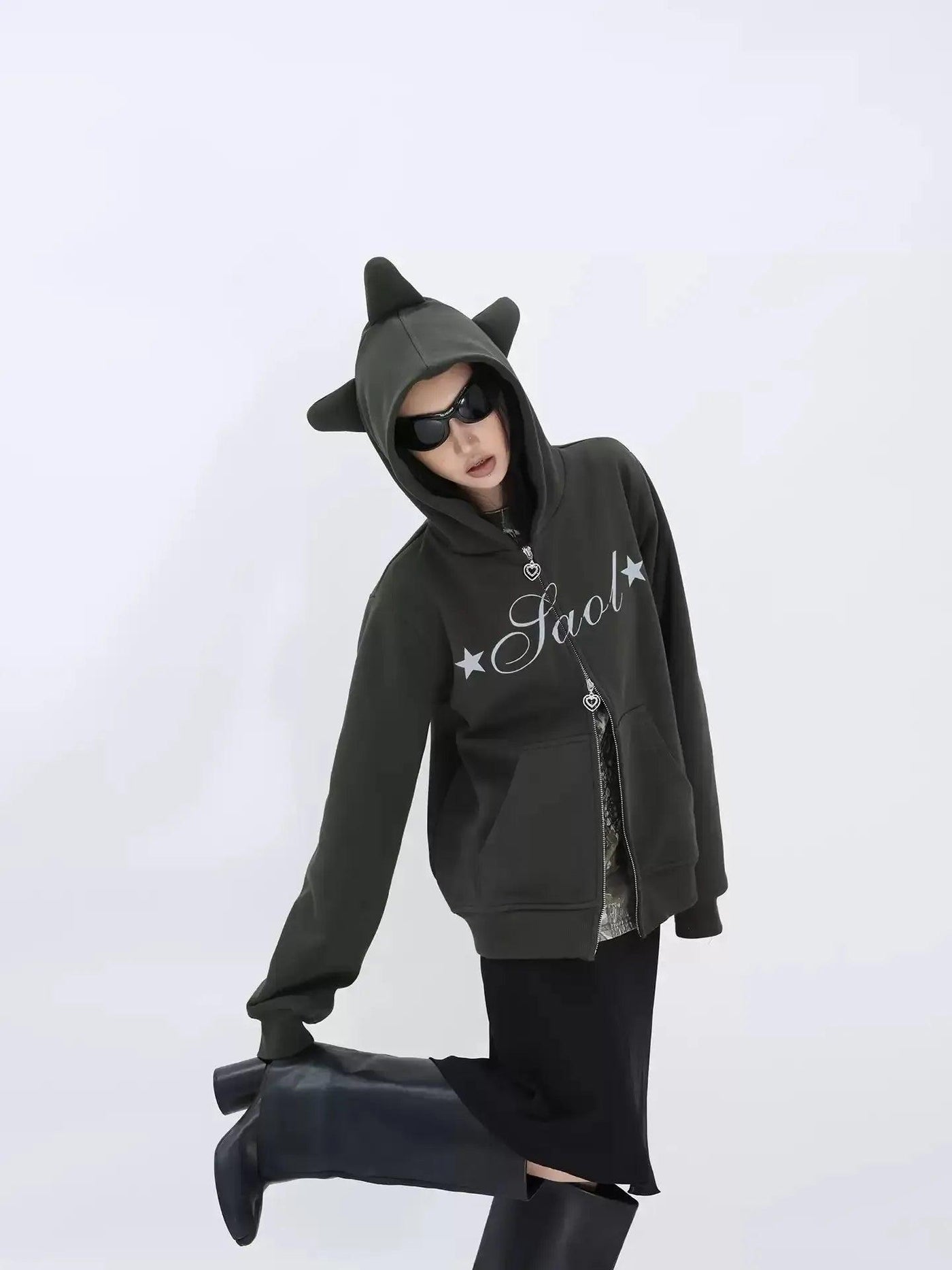 Kei Lettered & Stars Horn Zip-Up Hoodie-korean-fashion-Hoodie-Kei's Closet-OH Garments