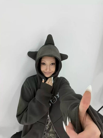 Kei Lettered & Stars Horn Zip-Up Hoodie-korean-fashion-Hoodie-Kei's Closet-OH Garments