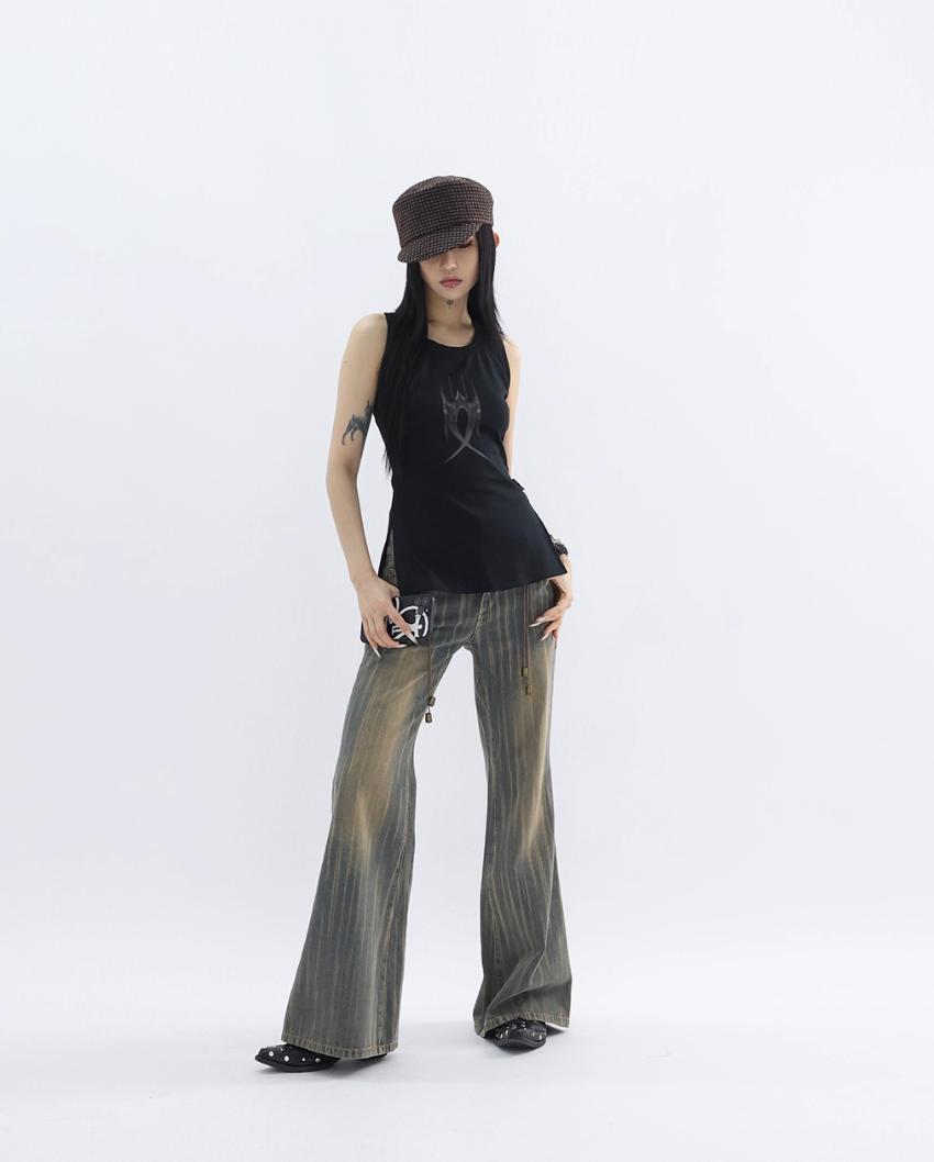 Kei Muddy Washed Striped Flared Jeans-korean-fashion-Jeans-Kei's Closet-OH Garments