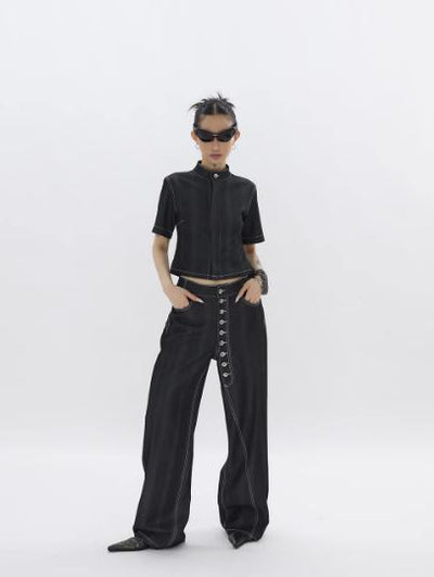 Kei Multi-Buttons Drape Thin Jeans-korean-fashion-Jeans-Kei's Closet-OH Garments