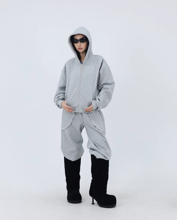 Kei Raw Curve Line Hoodie & Sweatpants Set-korean-fashion-Clothing Set-Kei's Closet-OH Garments