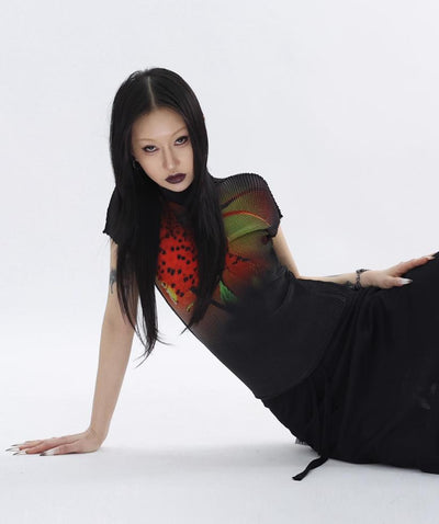 Kei Stretchy Pleats Graphic Mockneck-korean-fashion-Mockneck-Kei's Closet-OH Garments