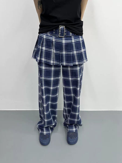 Kei Two-Piece Buckle Belted Plaid Skirt With Pants-korean-fashion-Pants-Kei's Closet-OH Garments