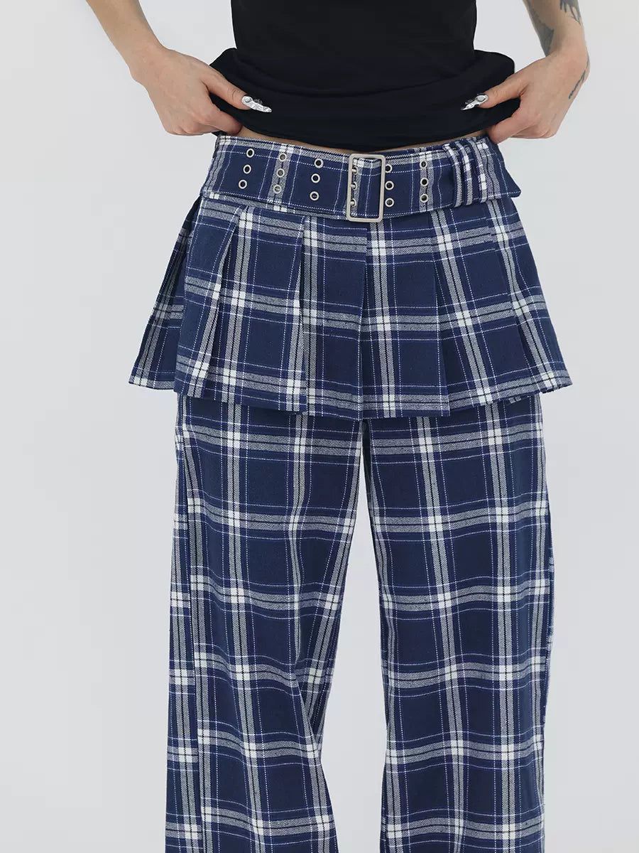 Kei Two-Piece Buckle Belted Plaid Skirt With Pants-korean-fashion-Pants-Kei's Closet-OH Garments
